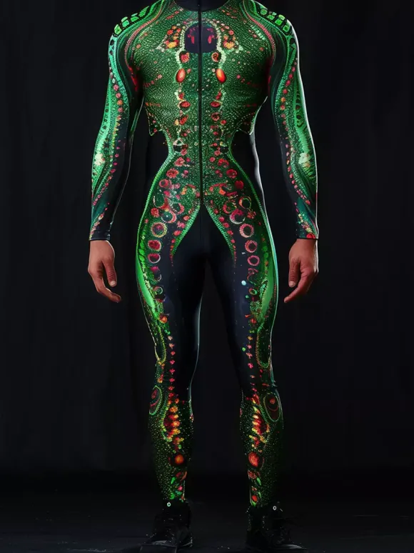 Combinaisons zentai motifs Halloween Combinaison sexy à imprimé serpent vert pour homme tenue de scène pour danseur et chanteur