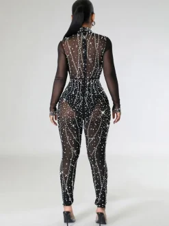 Combinaison séduisante strass transparente manches longues barboteuses skinny