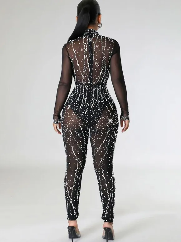 Combinaison séduisante strass transparente manches longues barboteuses skinny