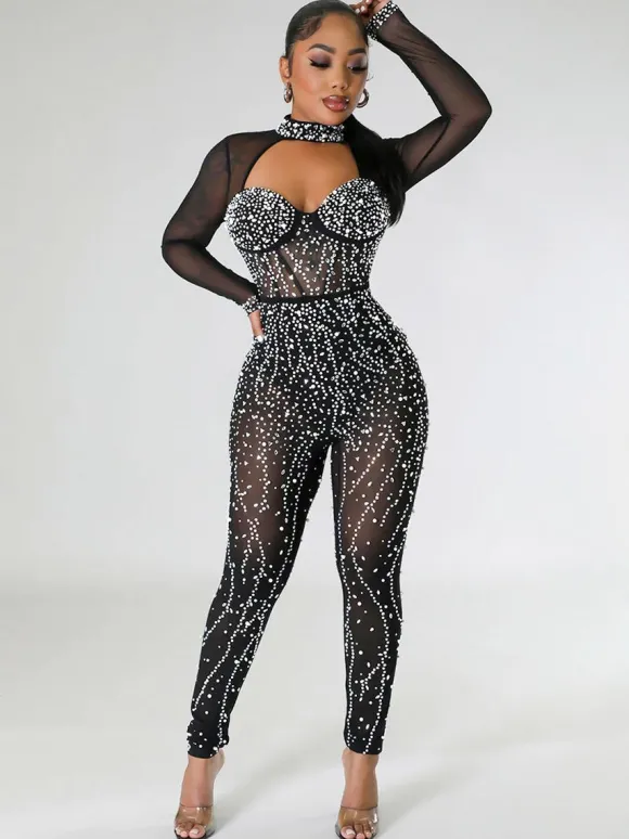Combinaison séduisante strass transparente manches longues barboteuses skinny