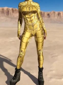 Combinaison sexy pour femme style cyberpunk imprimé robot à illusion d'optique costume zentai métallisé