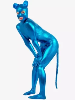 Combinaisons zentai animales Zentai Catsuit Chat Sexy 2026 Bleu Brillant Métallique Costume Animaux Cosplay Déguisements Halloween