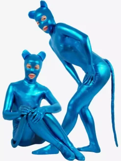 Combinaisons zentai animales Zentai Catsuit Chat Sexy 2026 Bleu Brillant Métallique Costume Animaux Cosplay Déguisements Halloween