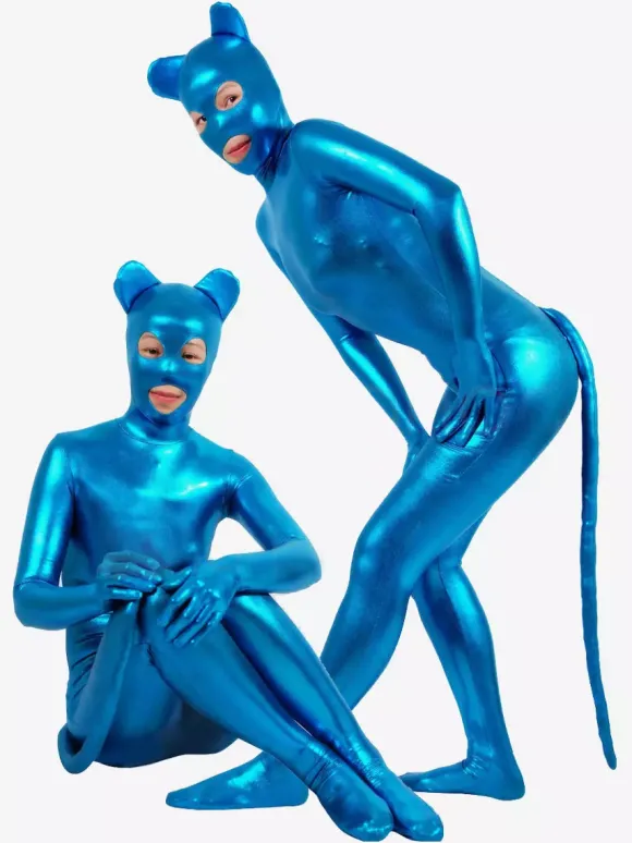 Combinaisons zentai animales Zentai Catsuit Chat Sexy 2026 Bleu Brillant Métallique Costume Animaux Cosplay Déguisements Halloween