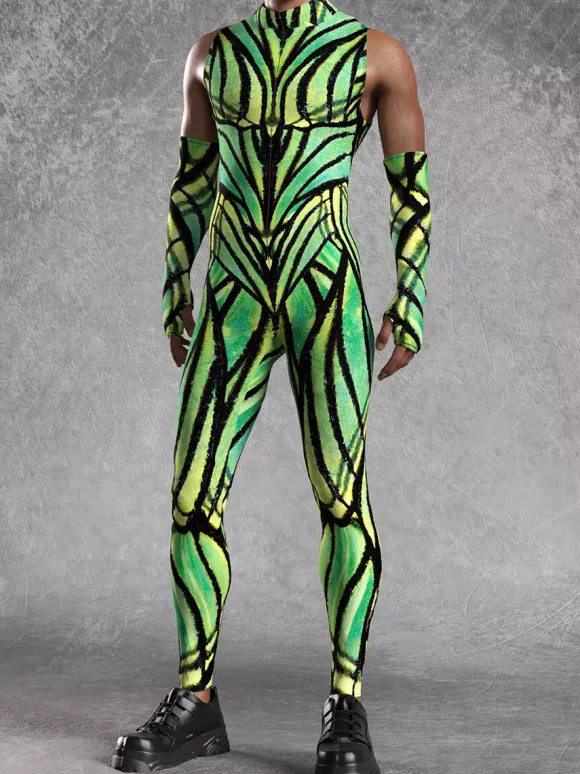 Combinaisons zentai motifs Halloween Combinaison sexy à imprimé vert pour homme tenue de scène pour danseur et chanteur