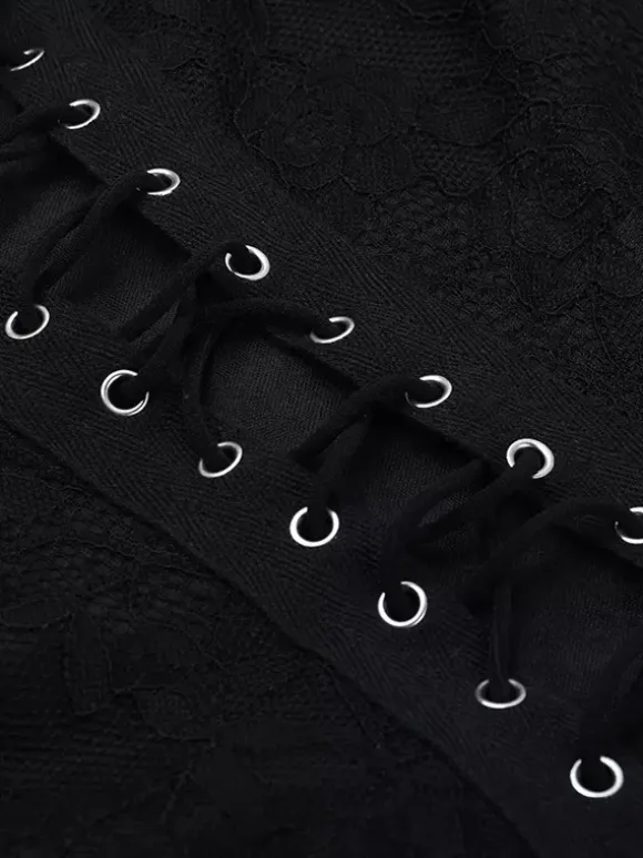 Combinaison évasée à lacets pour femme - Combinaison moulante à manches longues en dentelle florale gothique noire - Tenue de soirée printanière 2026