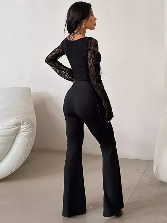 Combinaison évasée à lacets pour femme - Combinaison moulante à manches longues en dentelle florale gothique noire - Tenue de soirée printanière 2026