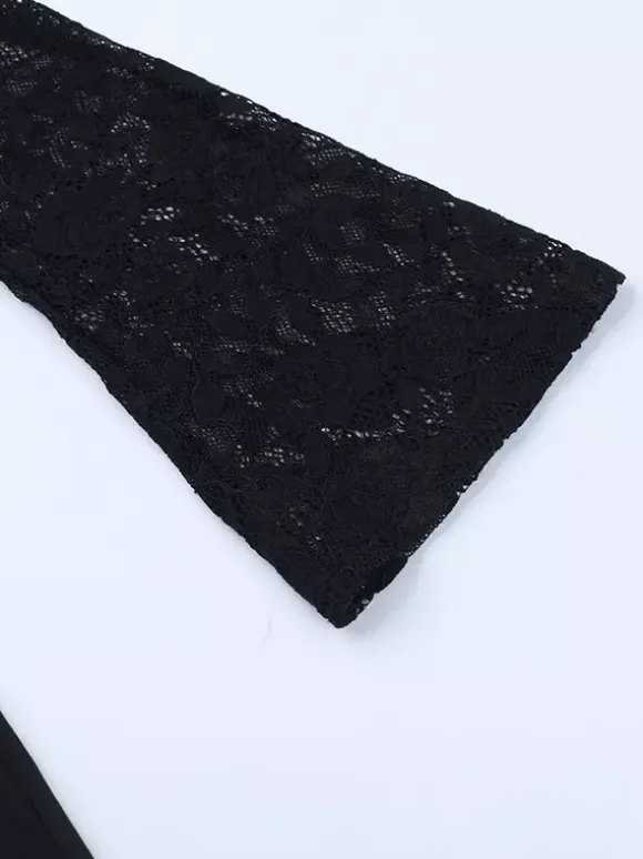 Combinaison évasée à lacets pour femme - Combinaison moulante à manches longues en dentelle florale gothique noire - Tenue de soirée printanière 2026