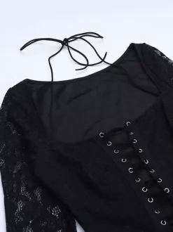 Combinaison évasée à lacets pour femme - Combinaison moulante à manches longues en dentelle florale gothique noire - Tenue de soirée printanière 2026