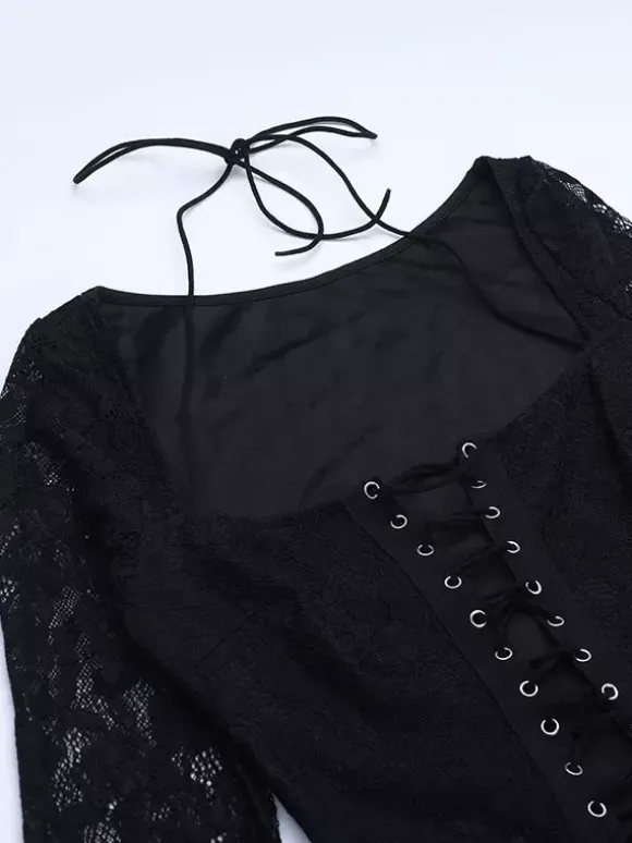 Combinaison évasée à lacets pour femme - Combinaison moulante à manches longues en dentelle florale gothique noire - Tenue de soirée printanière 2026