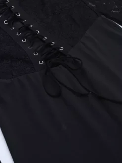 Combinaison évasée à lacets pour femme - Combinaison moulante à manches longues en dentelle florale gothique noire - Tenue de soirée printanière 2026