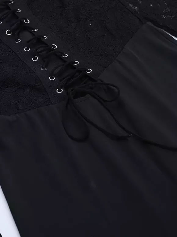Combinaison évasée à lacets pour femme - Combinaison moulante à manches longues en dentelle florale gothique noire - Tenue de soirée printanière 2026