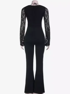 Combinaison évasée à lacets pour femme - Combinaison moulante à manches longues en dentelle florale gothique noire - Tenue de soirée printanière 2026