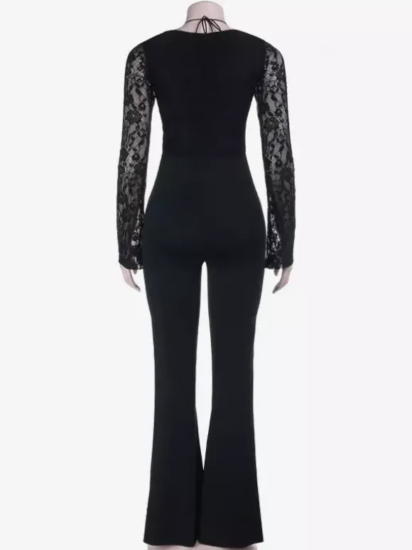 Combinaison évasée à lacets pour femme - Combinaison moulante à manches longues en dentelle florale gothique noire - Tenue de soirée printanière 2026