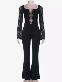 Combinaison évasée à lacets pour femme - Combinaison moulante à manches longues en dentelle florale gothique noire - Tenue de soirée printanière 2026