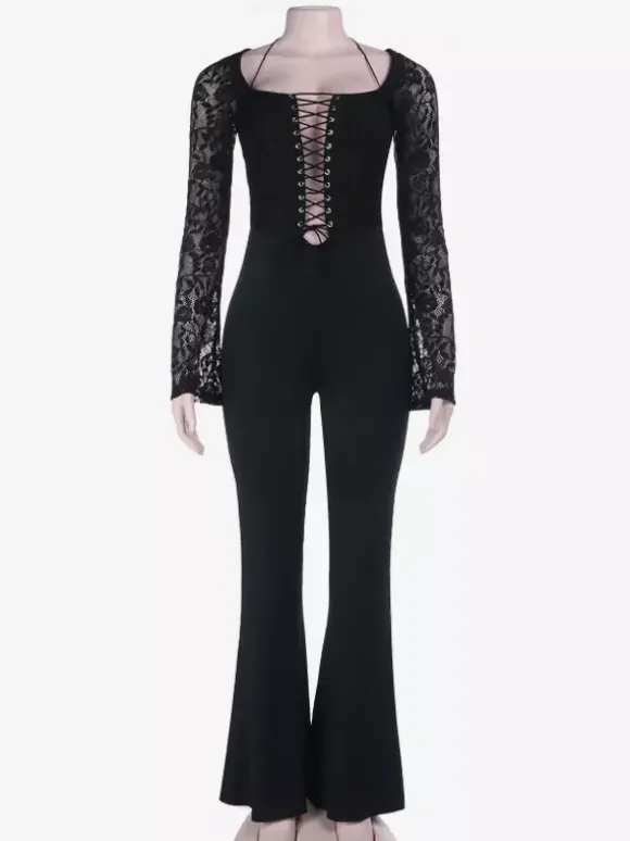 Combinaison évasée à lacets pour femme - Combinaison moulante à manches longues en dentelle florale gothique noire - Tenue de soirée printanière 2026
