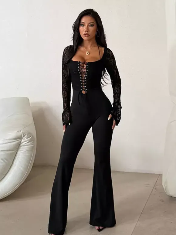 Combinaison évasée à lacets pour femme - Combinaison moulante à manches longues en dentelle florale gothique noire - Tenue de soirée printanière 2026