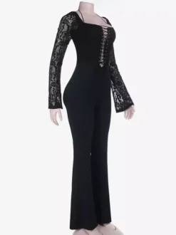 Combinaison évasée à lacets pour femme - Combinaison moulante à manches longues en dentelle florale gothique noire - Tenue de soirée printanière 2026