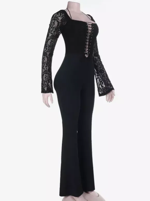Combinaison évasée à lacets pour femme - Combinaison moulante à manches longues en dentelle florale gothique noire - Tenue de soirée printanière 2026