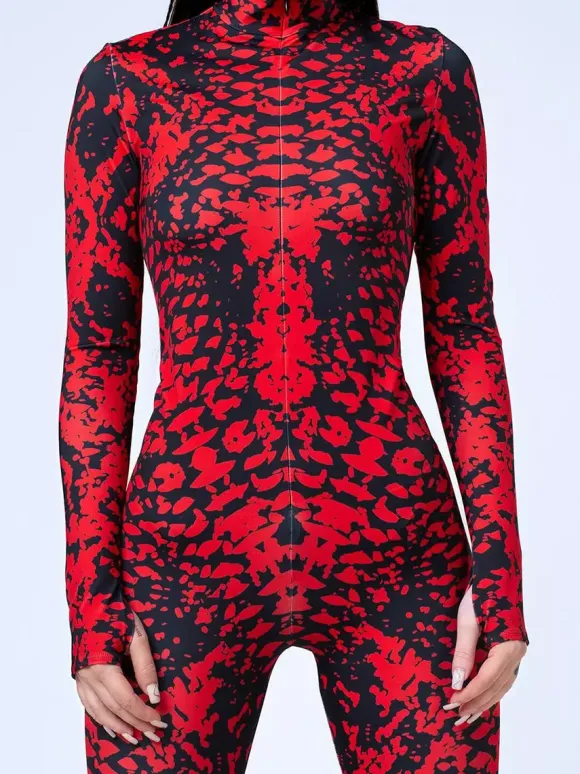 Combinaison zentai à motifs combinaison moulante à texture marbrée rouge et noire pour femme motif veineux imprimé en 3D