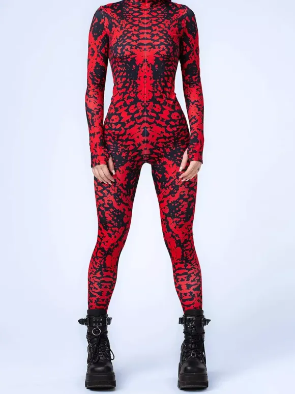 Combinaison zentai à motifs combinaison moulante à texture marbrée rouge et noire pour femme motif veineux imprimé en 3D