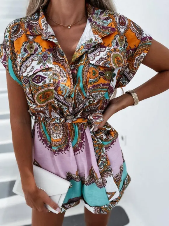 Combishorts en imprimé d'été une pièce bleu à imprimé floral col rabattu manches courtes à lacets polyester large