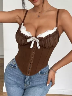 Corset bleu sexy à bretelles dos nu coupe ajustée laçage