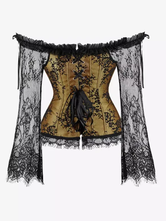Corset bustier à manches longues en dentelle florale à épaules dénudées grande taille fermeture à agrafes au dos. Gaine amincissante.