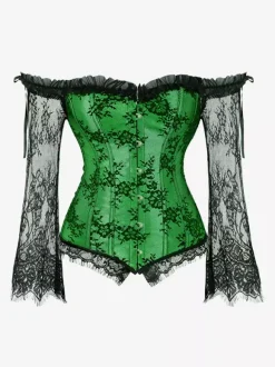 Corset bustier à manches longues en dentelle florale à épaules dénudées grande taille fermeture à agrafes au dos. Gaine amincissante.