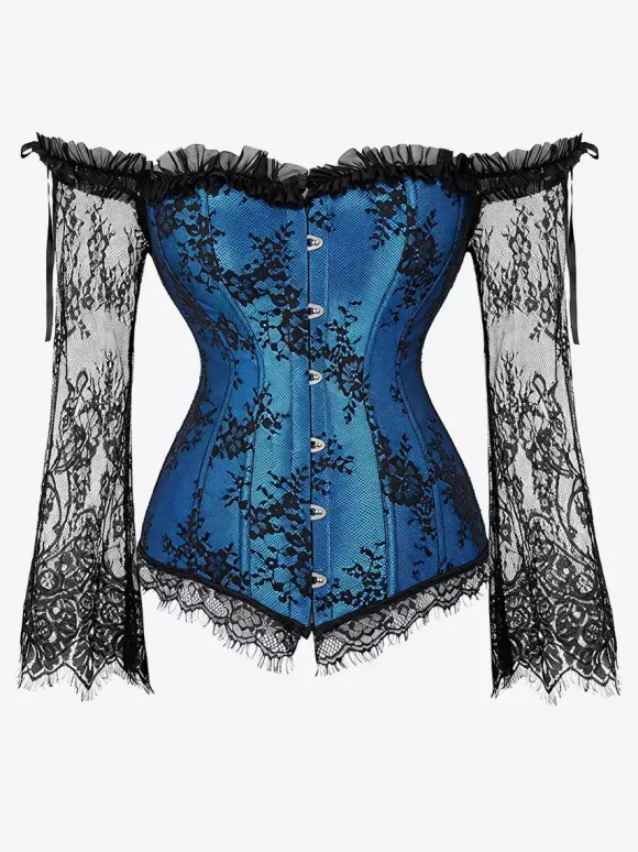 Corset bustier à manches longues en dentelle florale à épaules dénudées grande taille fermeture à agrafes au dos. Gaine amincissante.