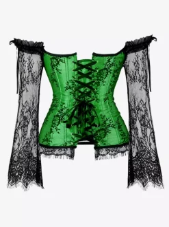 Corset bustier à manches longues en dentelle florale à épaules dénudées grande taille fermeture à agrafes au dos. Gaine amincissante.