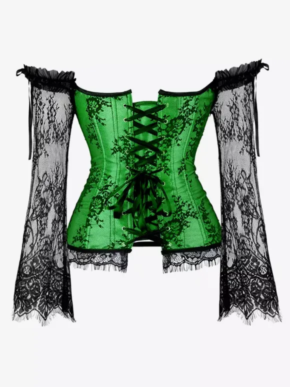 Corset bustier à manches longues en dentelle florale à épaules dénudées grande taille fermeture à agrafes au dos. Gaine amincissante.