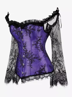 Corset bustier à manches longues en dentelle florale à épaules dénudées grande taille fermeture à agrafes au dos. Gaine amincissante.