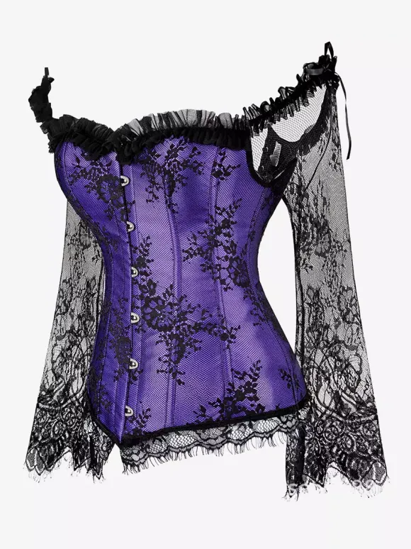 Corset bustier à manches longues en dentelle florale à épaules dénudées grande taille fermeture à agrafes au dos. Gaine amincissante.