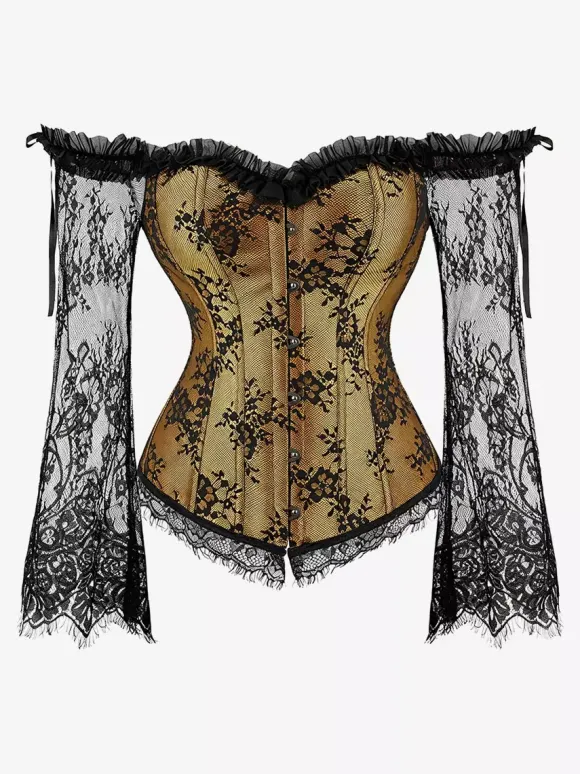 Corset bustier à manches longues en dentelle florale à épaules dénudées grande taille fermeture à agrafes au dos. Gaine amincissante.