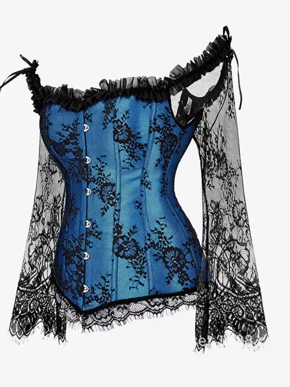 Corset bustier à manches longues en dentelle florale à épaules dénudées grande taille fermeture à agrafes au dos. Gaine amincissante.