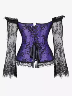 Corset bustier à manches longues en dentelle florale à épaules dénudées grande taille fermeture à agrafes au dos. Gaine amincissante.