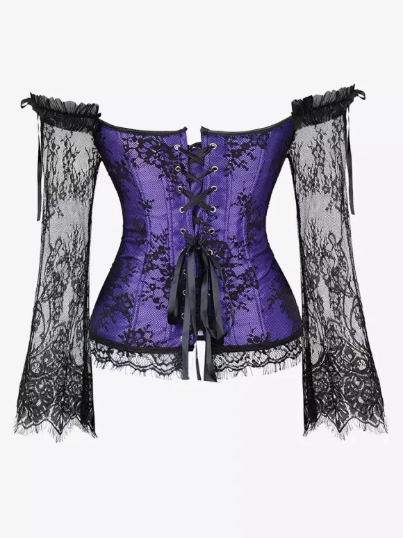 Corset bustier à manches longues en dentelle florale à épaules dénudées grande taille fermeture à agrafes au dos. Gaine amincissante.