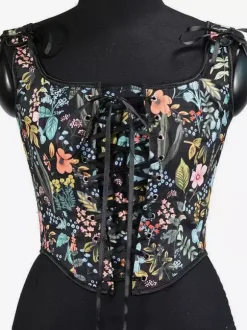 Corset court à encolure carrée et imprimé floral bretelles à nouer laçage sur le devant