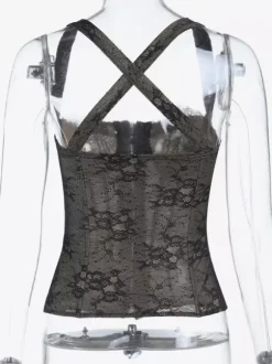 Corset en dentelle florale pour femme - Bustier noir d'inspiration gothique - Tenue de soirée estivale 2026
