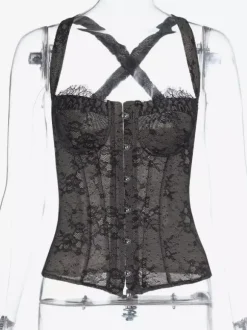 Corset en dentelle florale pour femme - Bustier noir d'inspiration gothique - Tenue de soirée estivale 2026
