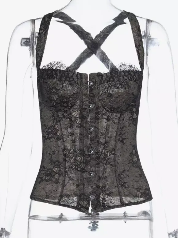 Corset en dentelle florale pour femme - Bustier noir d'inspiration gothique - Tenue de soirée estivale 2026