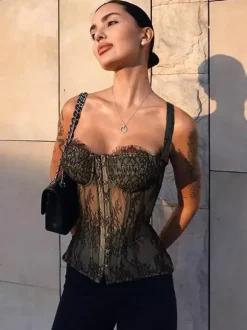 Corset en dentelle florale pour femme - Bustier noir d'inspiration gothique - Tenue de soirée estivale 2026