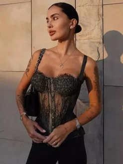 Corset en dentelle florale pour femme - Bustier noir d'inspiration gothique - Tenue de soirée estivale 2026
