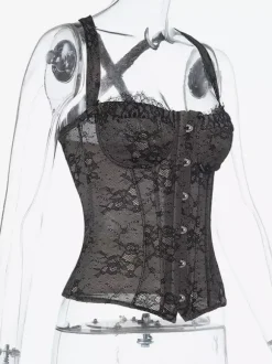 Corset en dentelle florale pour femme - Bustier noir d'inspiration gothique - Tenue de soirée estivale 2026