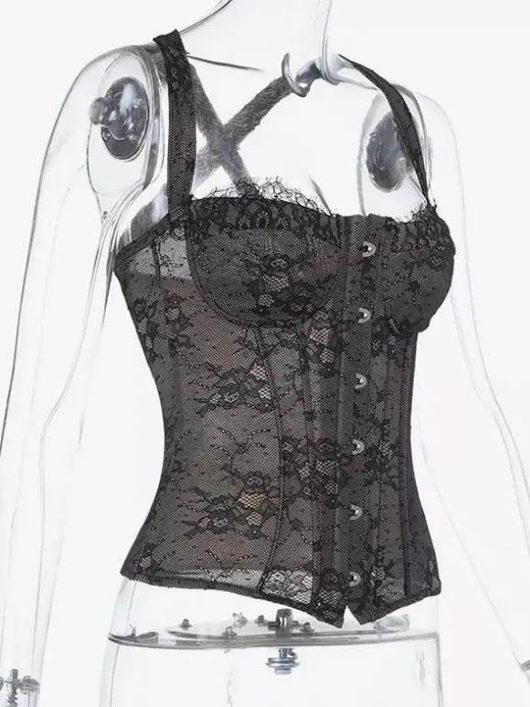 Corset en dentelle florale pour femme - Bustier noir d'inspiration gothique - Tenue de soirée estivale 2026