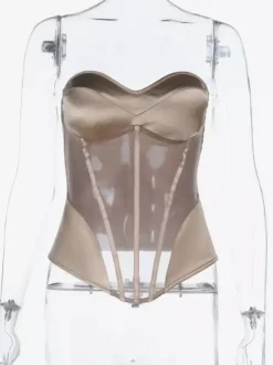 Corset en résille transparente pour femme - Bustier sexy avec fermeture éclair apparente au dos - Tenues de soirée glamour vintage et esthétiques pour les clubs (collection 2026)
