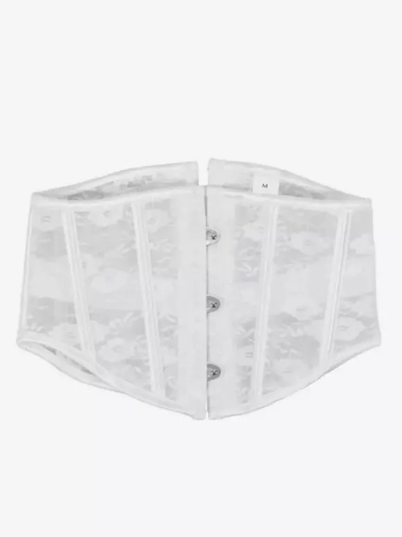 Corset gainant court en dentelle florale transparente fermeture à agrafes au dos et laçage.