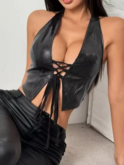 Corset marron foncé chic sans manches à bretelles col ajusté dos nu laçage en PU