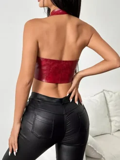 Corset marron foncé chic sans manches à bretelles col ajusté dos nu laçage en PU